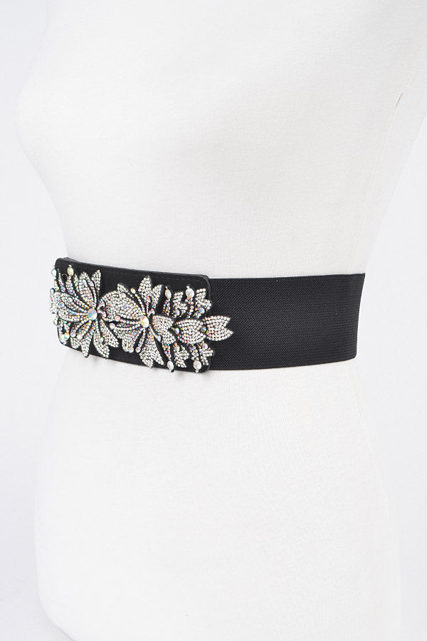 Pack of 6 AB Stone Flower Elastic Belts in Black Color