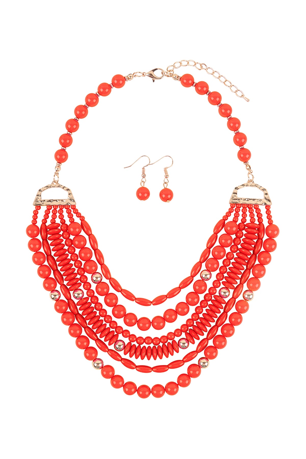 Bohemian Style Layered Bib Coral Statement Necklace and Earrings Set - Pack of Six Pieces