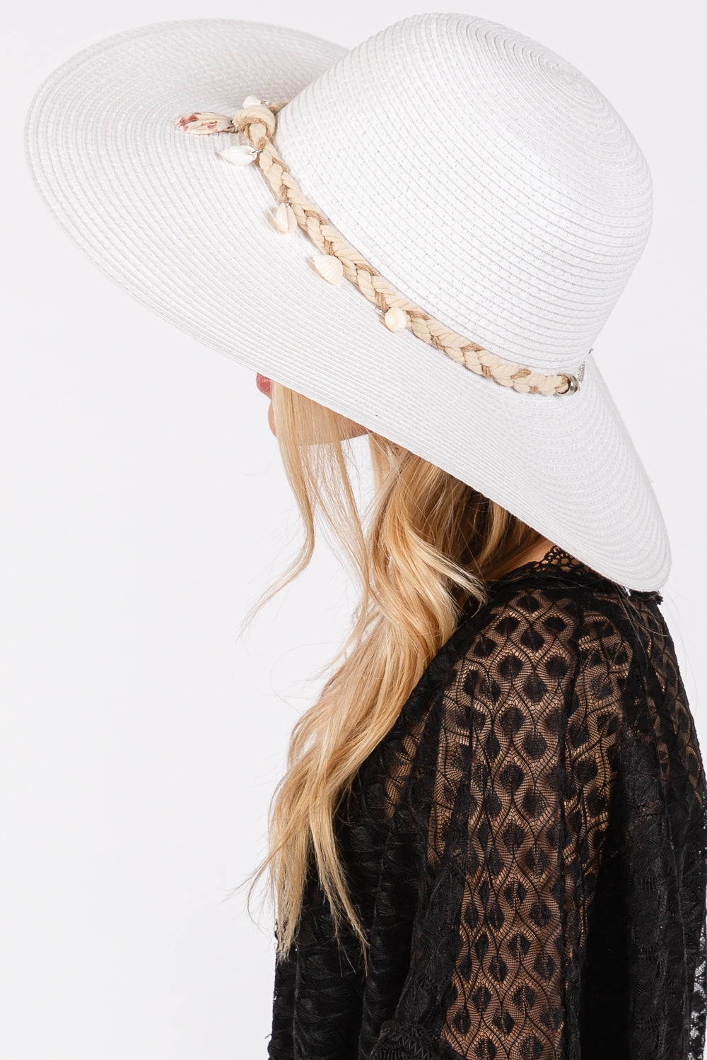 Pack of 6 White Wide - Brim Straw Sun Hat with Shell and Conch Braided Trim