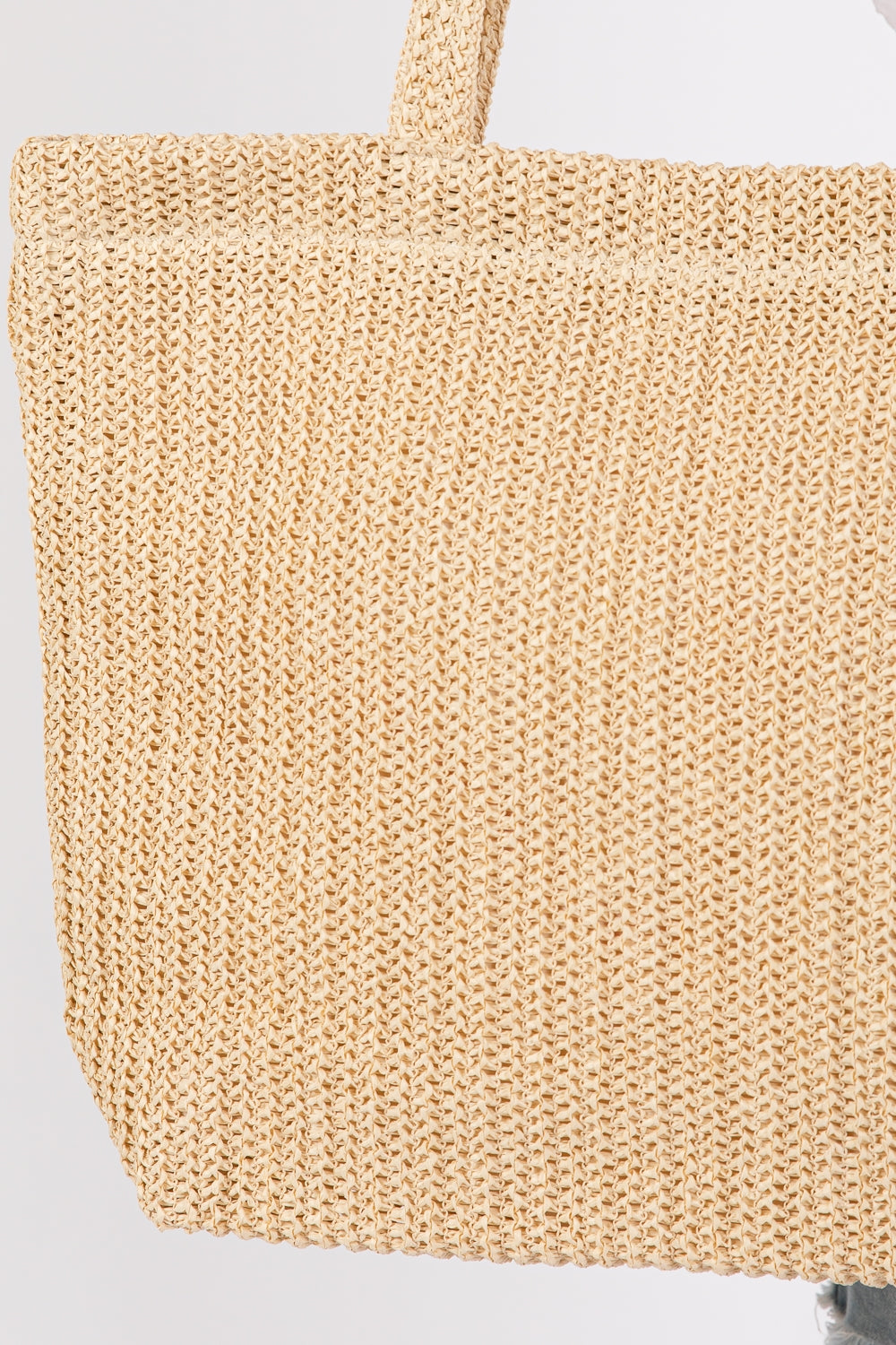 Beige Solid Crochet Straw Handbag with Zipper Closure and Inner Pocket - Pack of Six Pieces