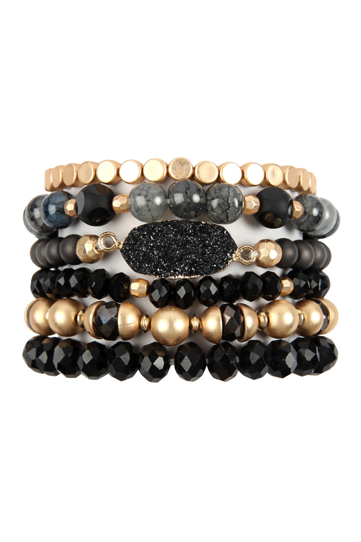 Pack of 6 Black Multi - Line Druzy Stone Charms Bracelets
