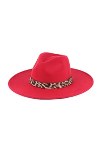 Stylish Felt Fashion Wide - Brim Hat Featuring Leopard Accents in Burgundy Color - Set of 6 Pieces