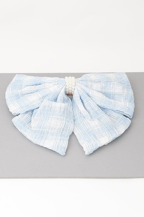 Set of 6 Blue 9668 Plaid Pearl Ribbon Hair Clips