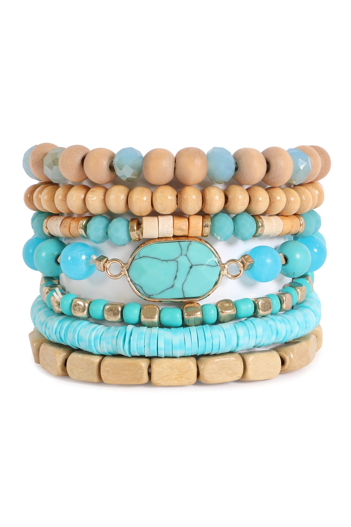 Stackable Turquoise Charm Layered Wood, FIMO, and Rondelle Mix Beads Bracelet - Pack of Six Handmade Jewelry Pieces