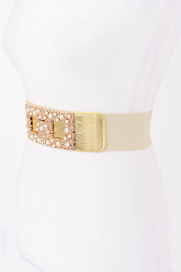 Set of 6 Pieces of 9088 Gold Pearl Metal Buckle Elastic Belts