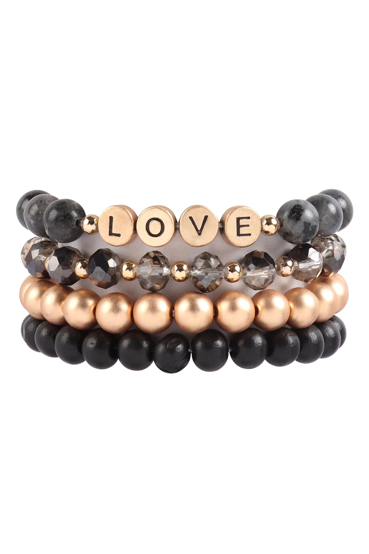 Black Love Charm Multiline Beaded Stretch Bracelet - Pack of Six Pieces