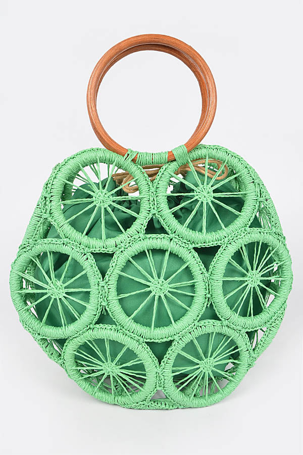 Set of 3 Stylish 1801 Green Faux Straw Round Tote Bags