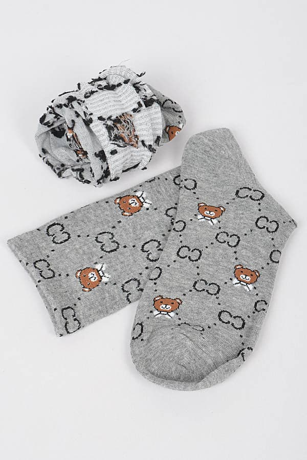 Pack of 6 Gray Teddy Bear Socks - Style 1358