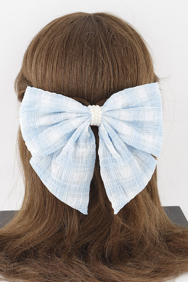Set of 6 Plaid Pearl Ribbon Hair Clips in Pink 9668