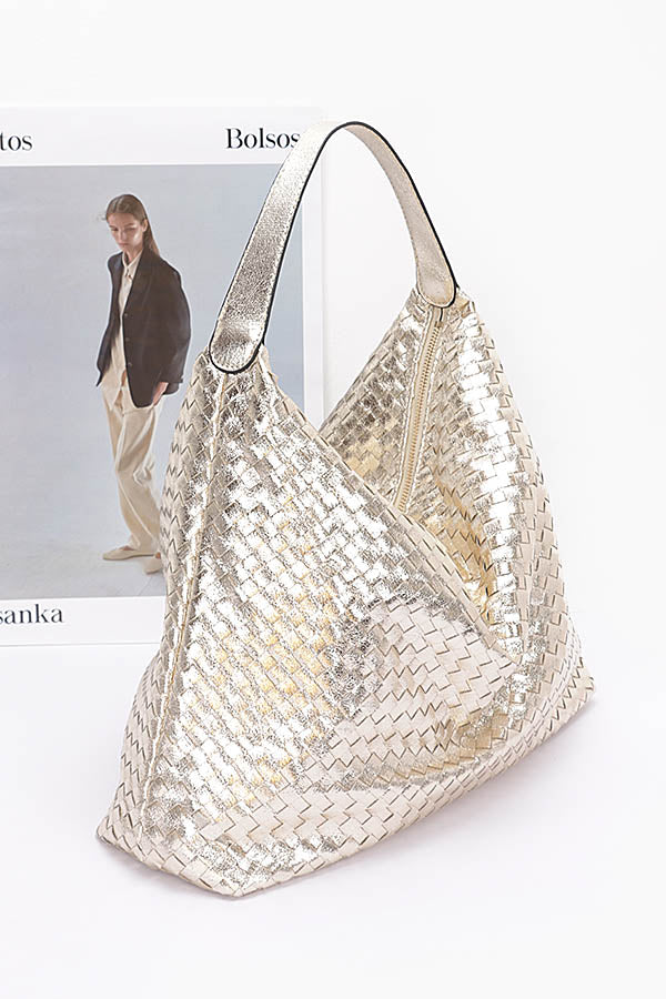 Pack of 3 Stylish 6811 Gold Metallic Braided Tote Bags