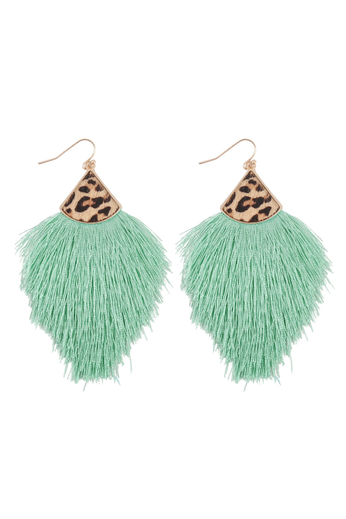 Set of 6 Mint and Leopard Patterned Genuine Leather Tassel Hook Style Earrings for Women
