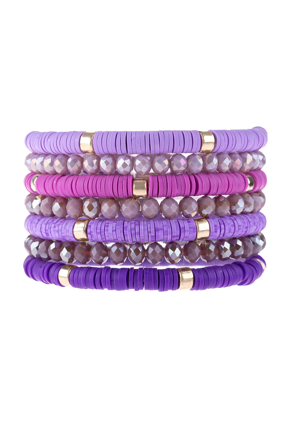 Pack of 6 Purple Multi - Line Beaded Acrylic and Glass Stone Bracelets