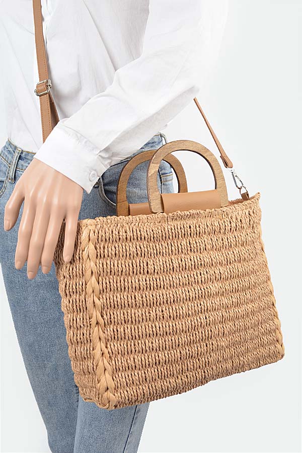 Khaki Faux Straw Tote Bag - Pack of Three (9111)