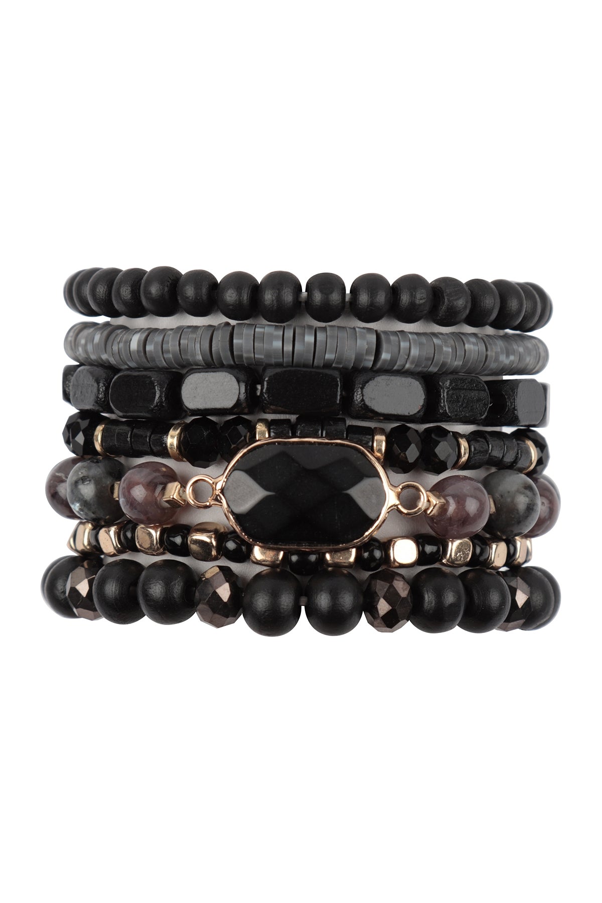 Stackable Black Bracelet Set of 6 with Charm Layered Wood, FIMO, Rondelle Mix Beads