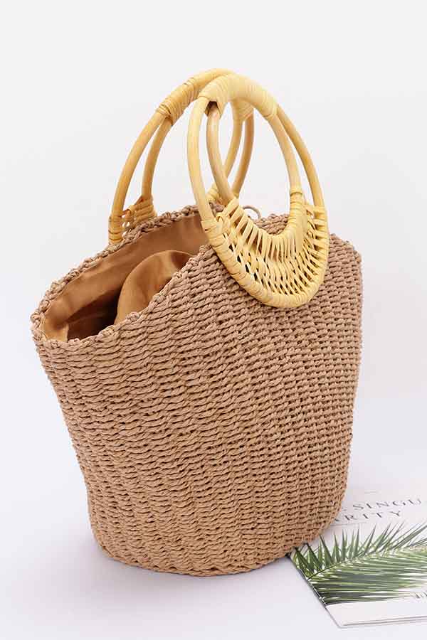 Ivory Faux Straw Tote Bags with Bamboo Handles - Pack of 3