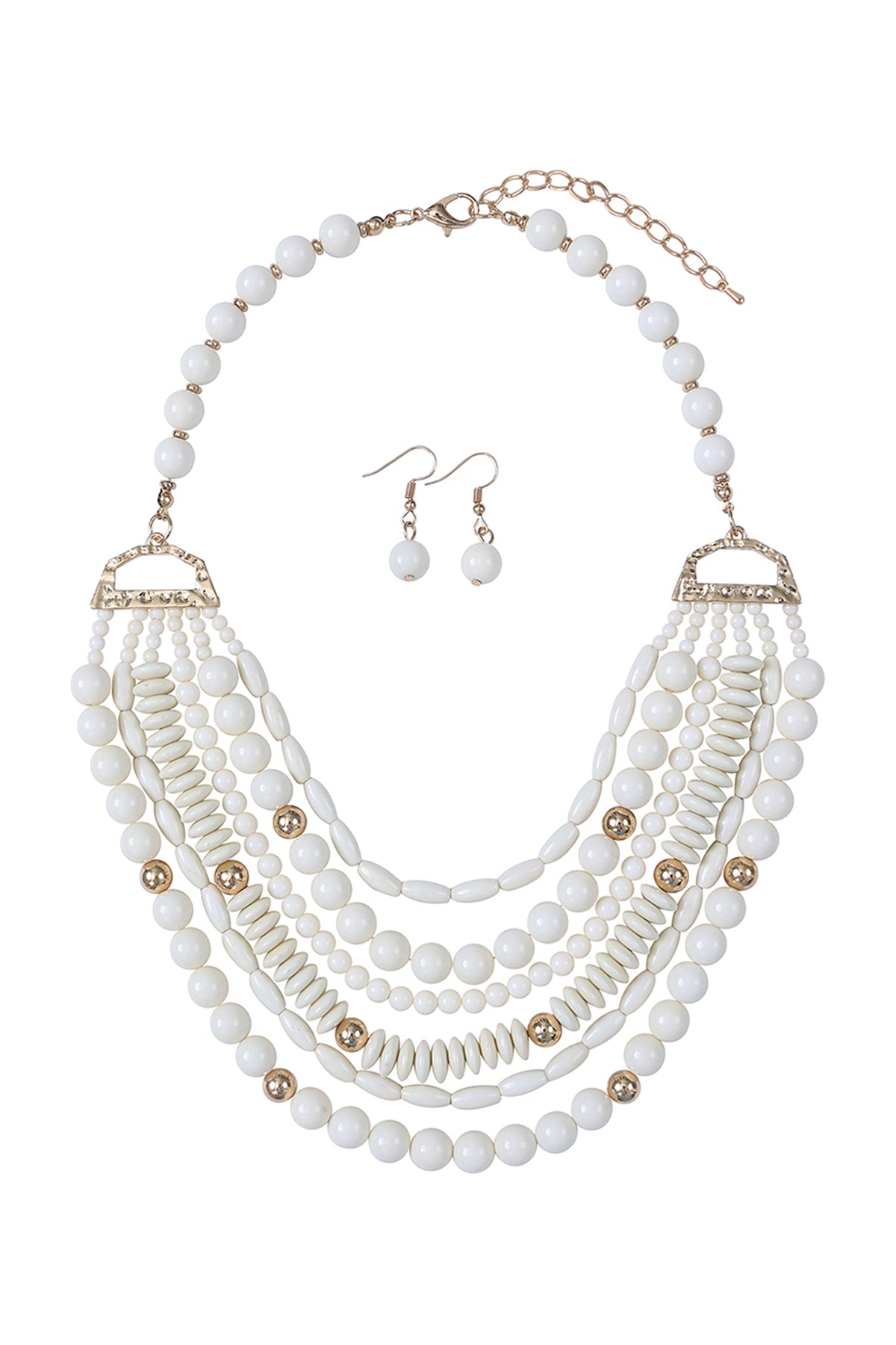 Bohemian Style Layered Bib Natural Glass Stone Statement Necklace and Earrings Set - Pack of Six Pieces