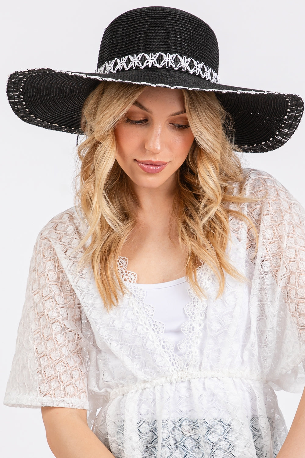 Black Edge and Woven Detailing Wide Brim Floppy Straw Hat - Set of Six Pieces