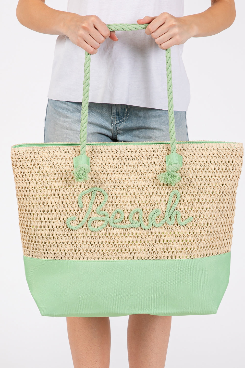 Set of 6 Green Fabric Crochet Tote Bags with Color - Sewn Beach Letters and Straps