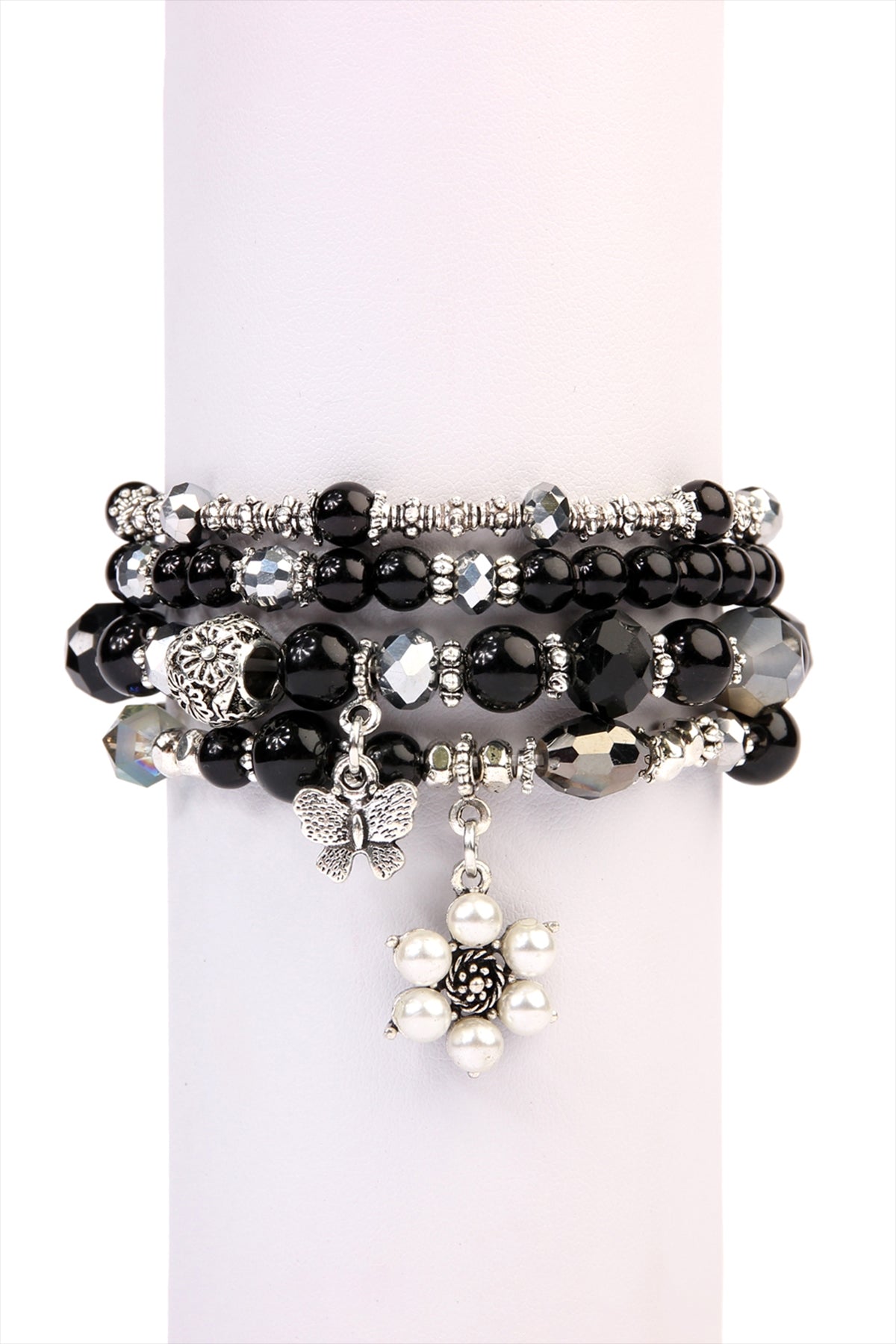 Classy Stackable Black Butterfly and Pearl Bracelet Set - Pack of Six Pieces