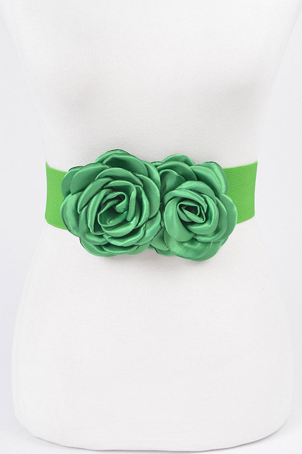 Set of 6 Double Satin Flower Elastic Belts in Fresh Green