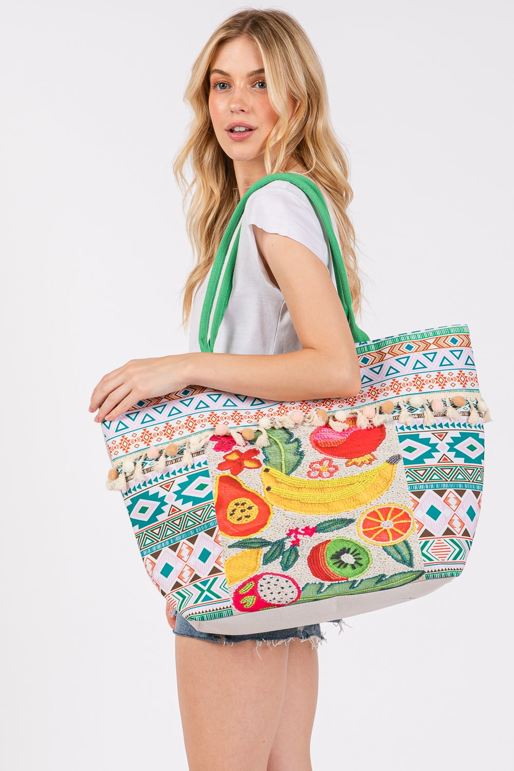 Green Fruit Bohemian Print Pom Pom Fringe Polyester Tote Bag with Zipper Closure - Pack of Six