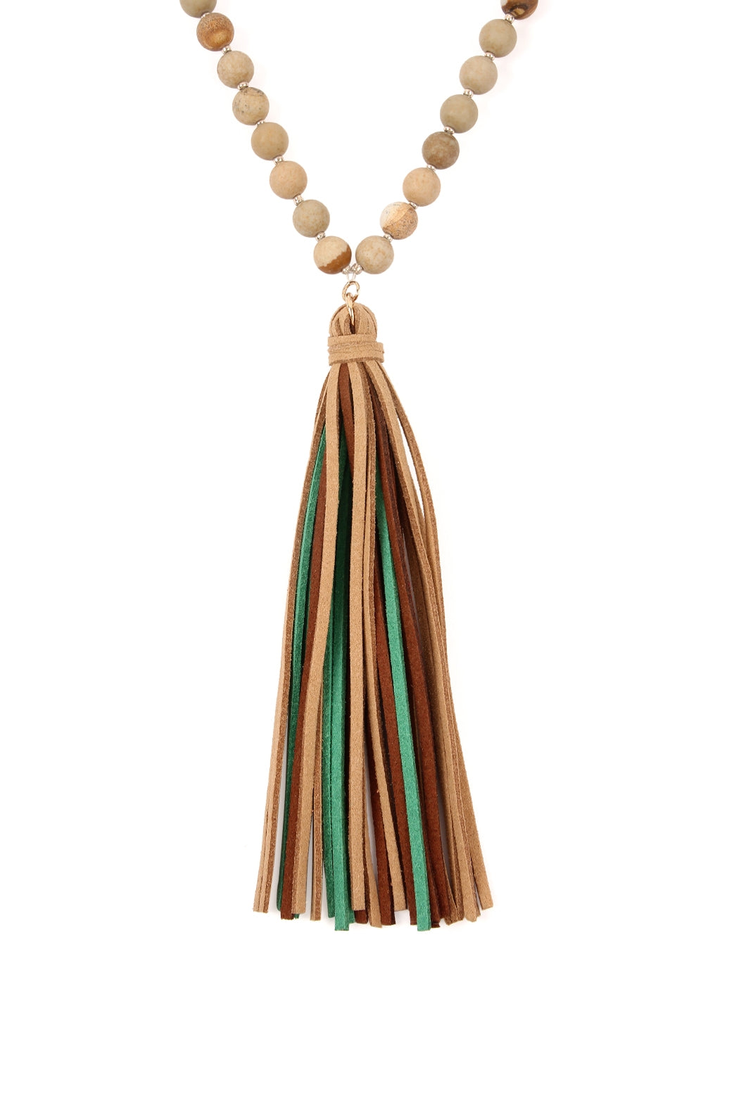 Pack of 6 Light Brown Colorful Natural Stone and Glass Beads Tassel Necklaces - Fashion Jewelry Accessory