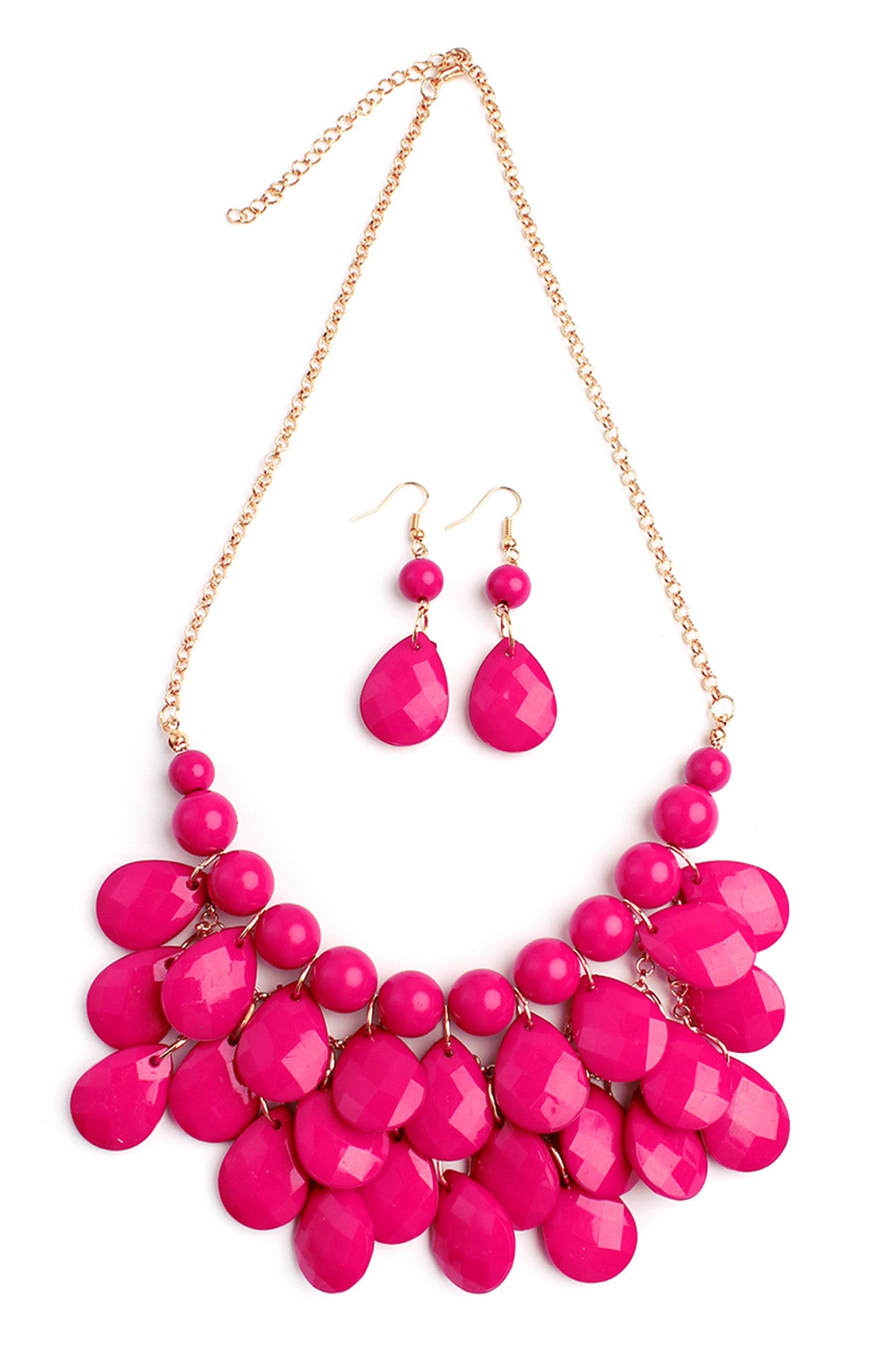 Set of 6 Hot Pink Teardrop Bubble Bib Necklaces and Earrings
