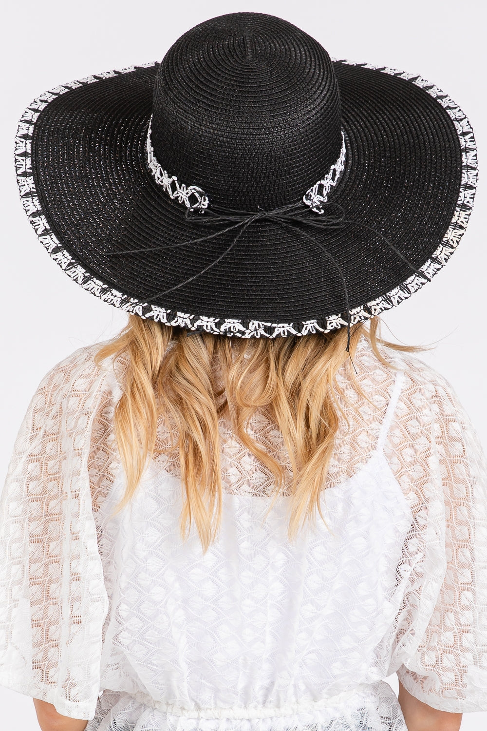 Black Edge and Woven Detailing Wide Brim Floppy Straw Hat - Set of Six Pieces