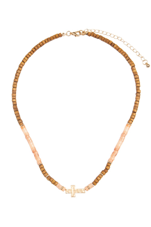 Pink Wood and Natural Stone Cross Pendant Necklace - Set of 6 Pieces