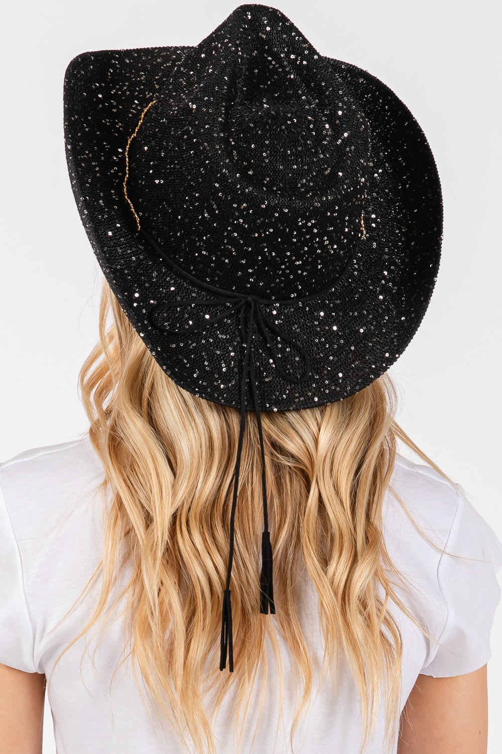 Pack of 6 Black Sequin Cowboy Hats with Metal Chain and Suede String Band for Fashion Enthusiasts