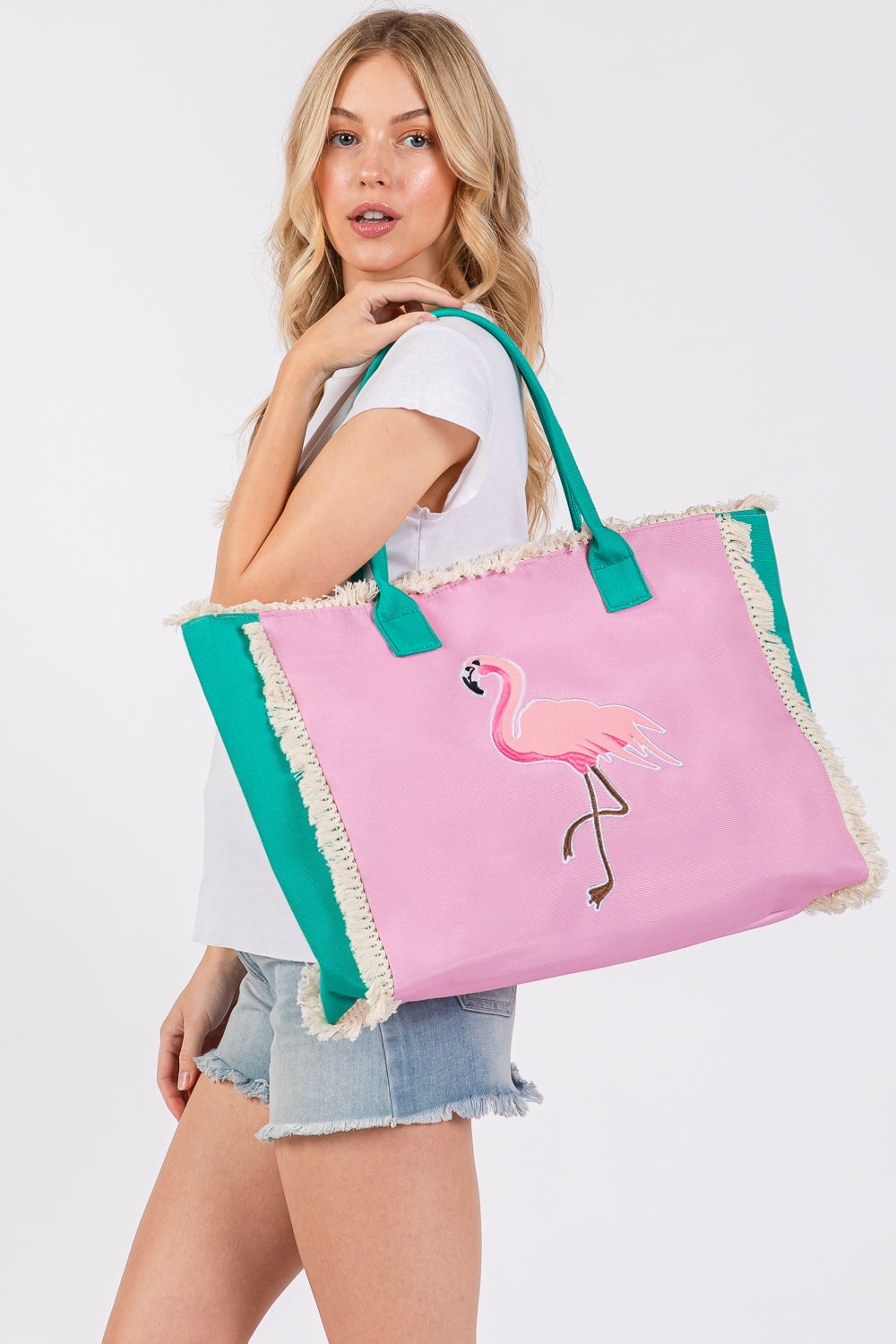 Set of 6 Embroidered Anchor Patch and Flamingo - Designed Fringe Tote Bags with Magnetic Closure and Inner Pocket
