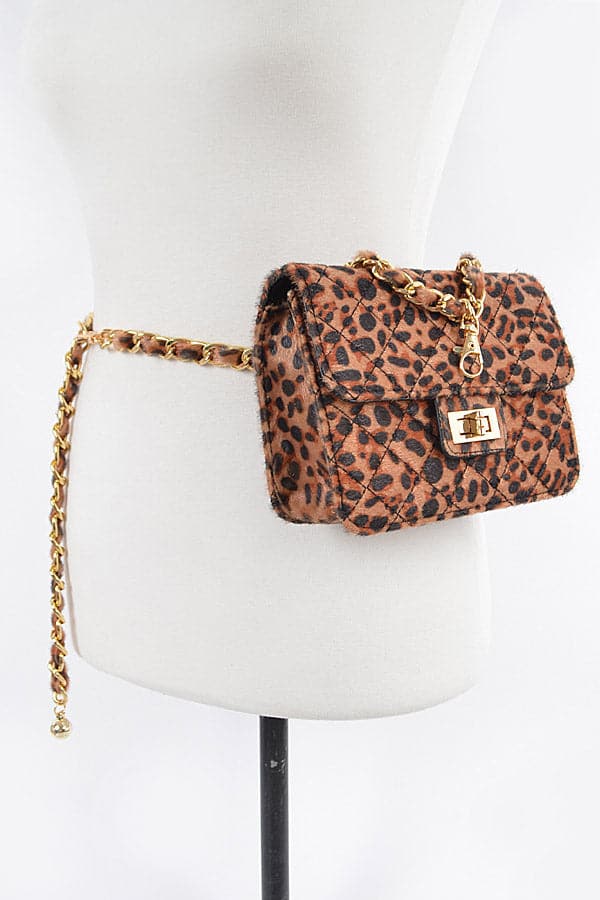 Set of 3 Faux Leopard Print Skin Bags with Chain Belt - 3497 Model