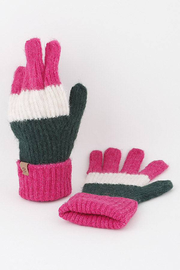 Set of 6 Triple Stripe Knit Gloves in Fuchsia Color (Product Code 440023)