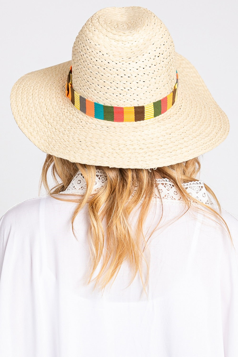 Beige Multicolor Stripe Band Paper Straw Hats - Set of 6
