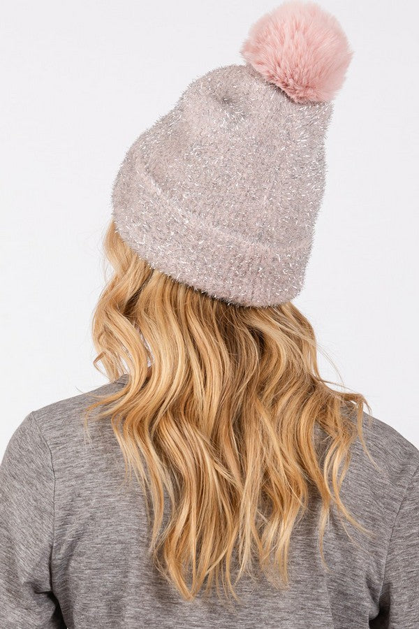Pack of 6 Taupe 0810 Lurex Mixed Pom Pom Beanies