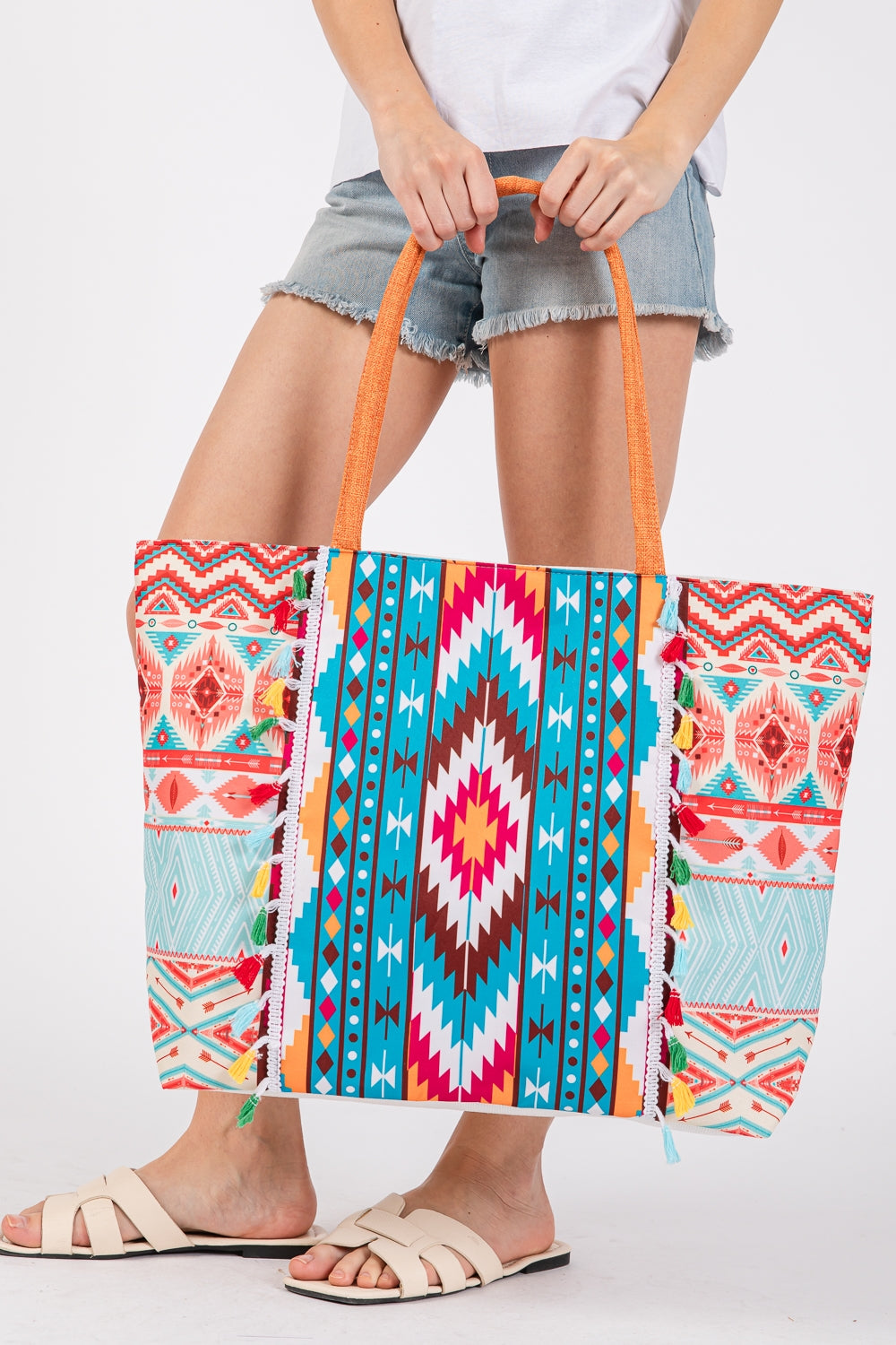 Pack of 6 Orange Bohemian Print Fringe Tote Bags with Zipper Closure and Inner Pocket