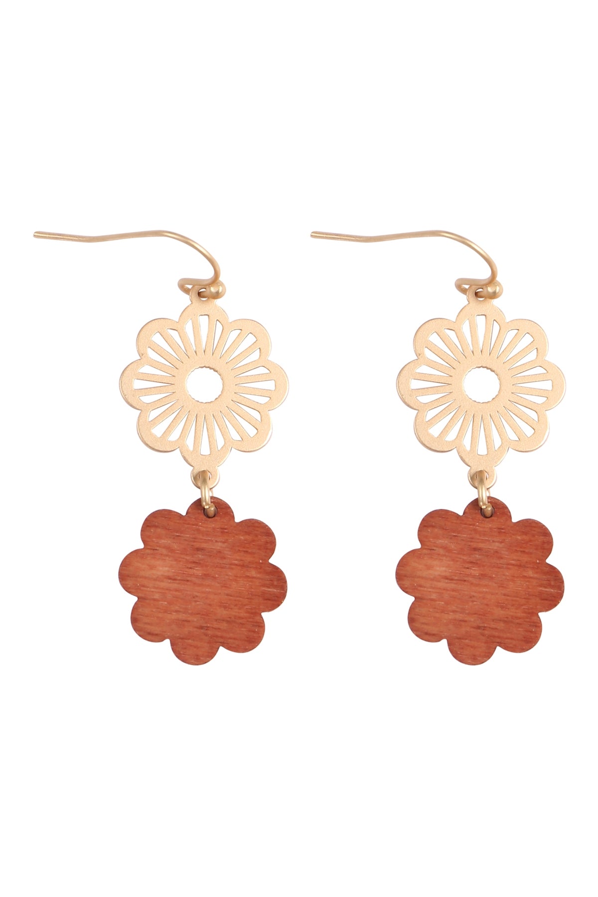 Brown Flower - Shaped Metal and Wood Drop Fish Hook Earrings - Pack of 6