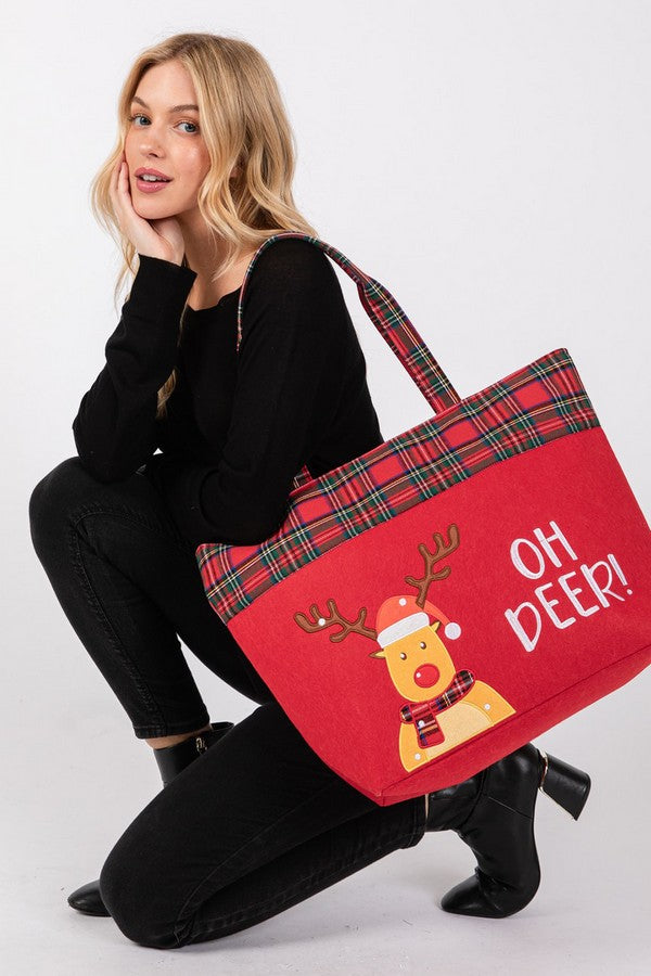 Red Oh Deer Reindeer Christmas Tote Bags - Pack of 3
