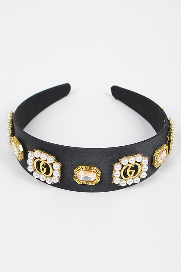 Black Plastic Hairband Set with Imitation Gemstones - Pack of 6