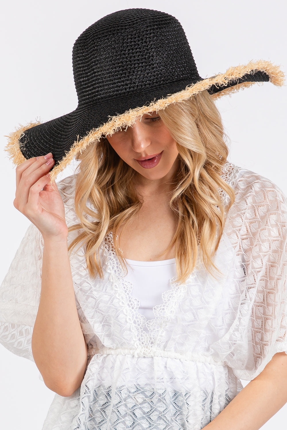 Pack of 6 Black Frayed Edge Soft Straw Hats