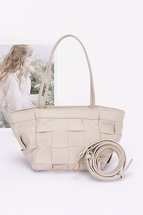 Light Beige Faux Leather Braided Tote Bag - Set of 3 Pieces