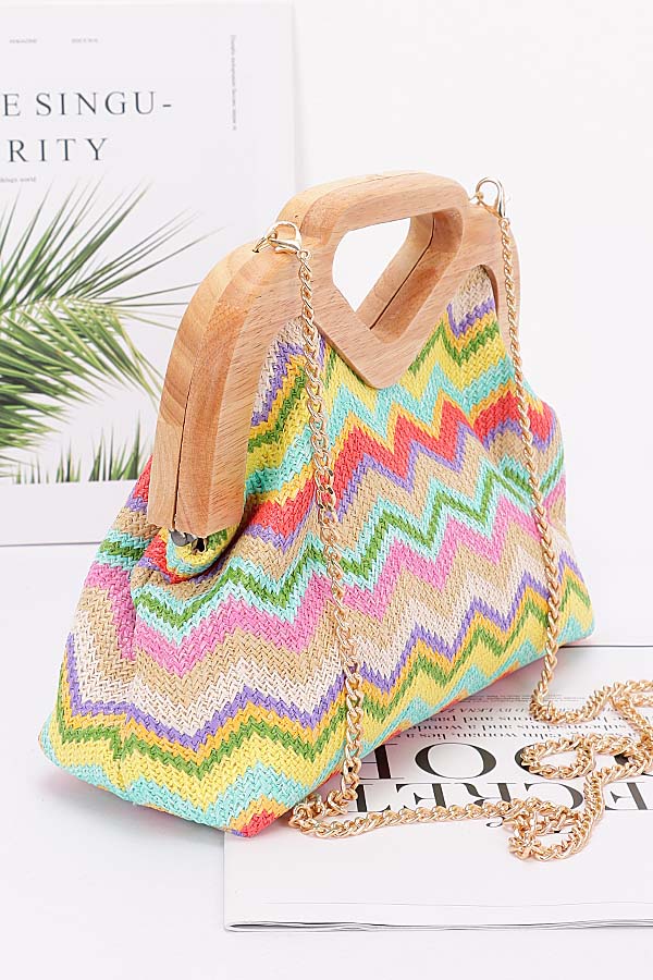 Pack of 3 Multicolored 3846 Faux Straw Wood Frame Clutches