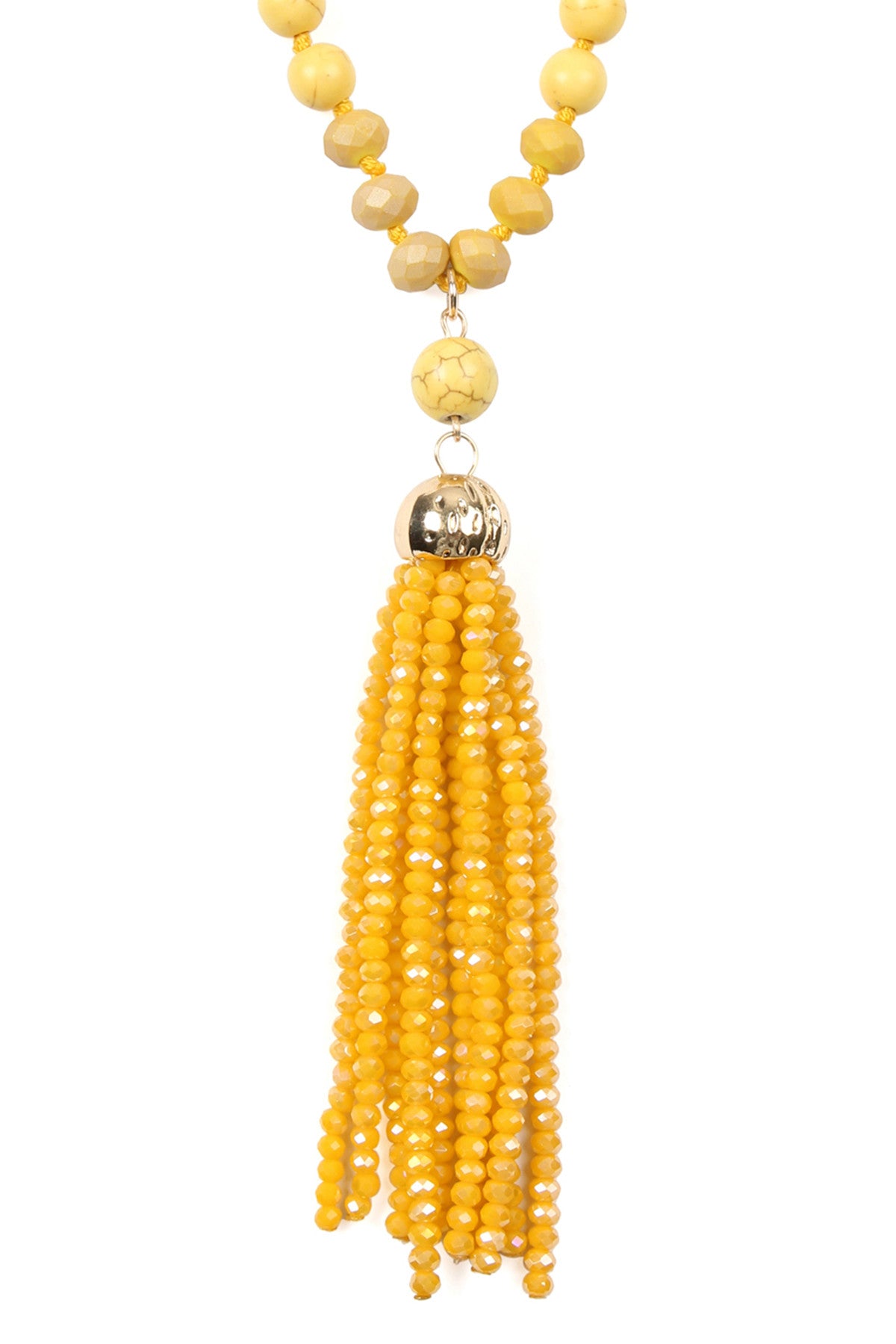 Mustard-Colored Round Tassel Pendant Necklace with Polycord - Set of Six Pieces