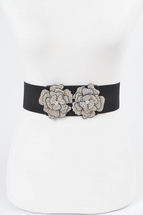 Black AB Stone Flower Elastic Belt - Pack of 6