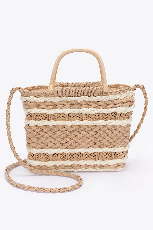 3-Piece Set of 2536 Khaki Faux Straw Two - Tone Tote Bags