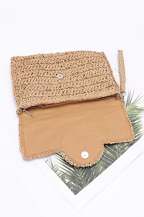 Pack of 3 Faux Straw Multi Shell Front Flap Khaki Clutches - 9026