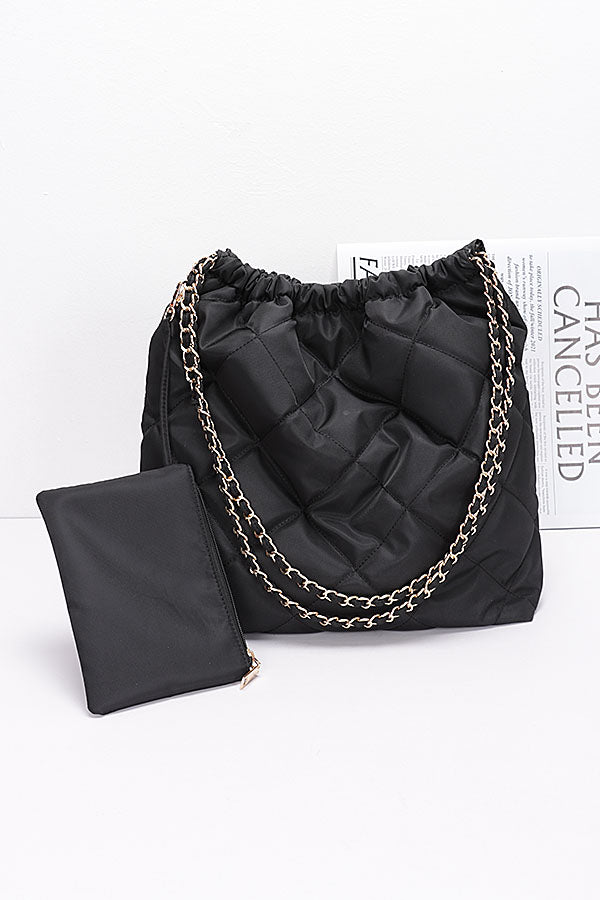 Set of 3 Quilted Padding Nylon Metal Chain Shoulder Bags in Black Color - Style 1511