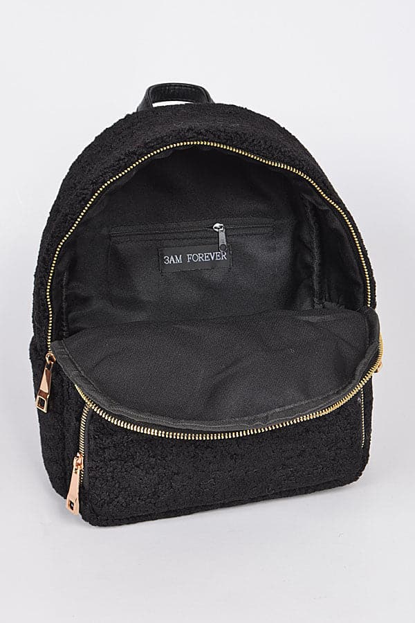 Black Faux Wool Sheepskin Backpack - Set of 3