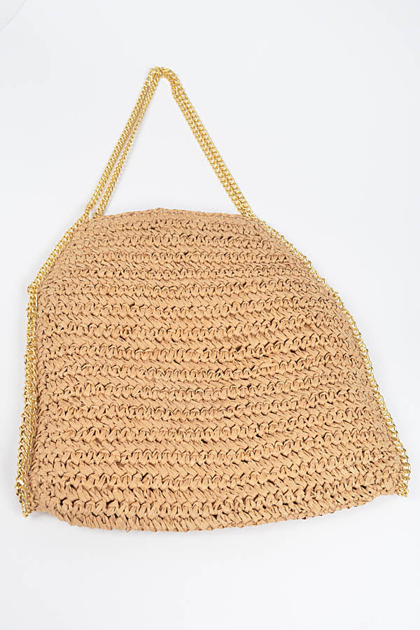 Set of Three 4211 Green Faux Straw Chain Tote Bags