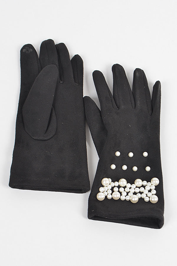 Pack of 6 Faux Suede Gloves with Imitation Pearl in Black Color - 1548 Model